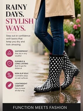 Capelli New York Black White Polka Dot Tall Rain Boots Women’s US 9 Waterproof